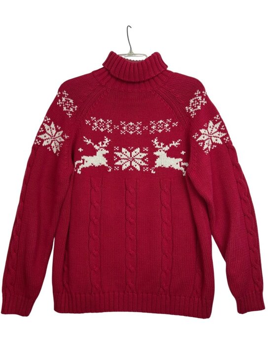 Vintage Land's End Women's Red Sweater Christmas Reindeer Snowflake Turtleneck - Picture 1 of 13